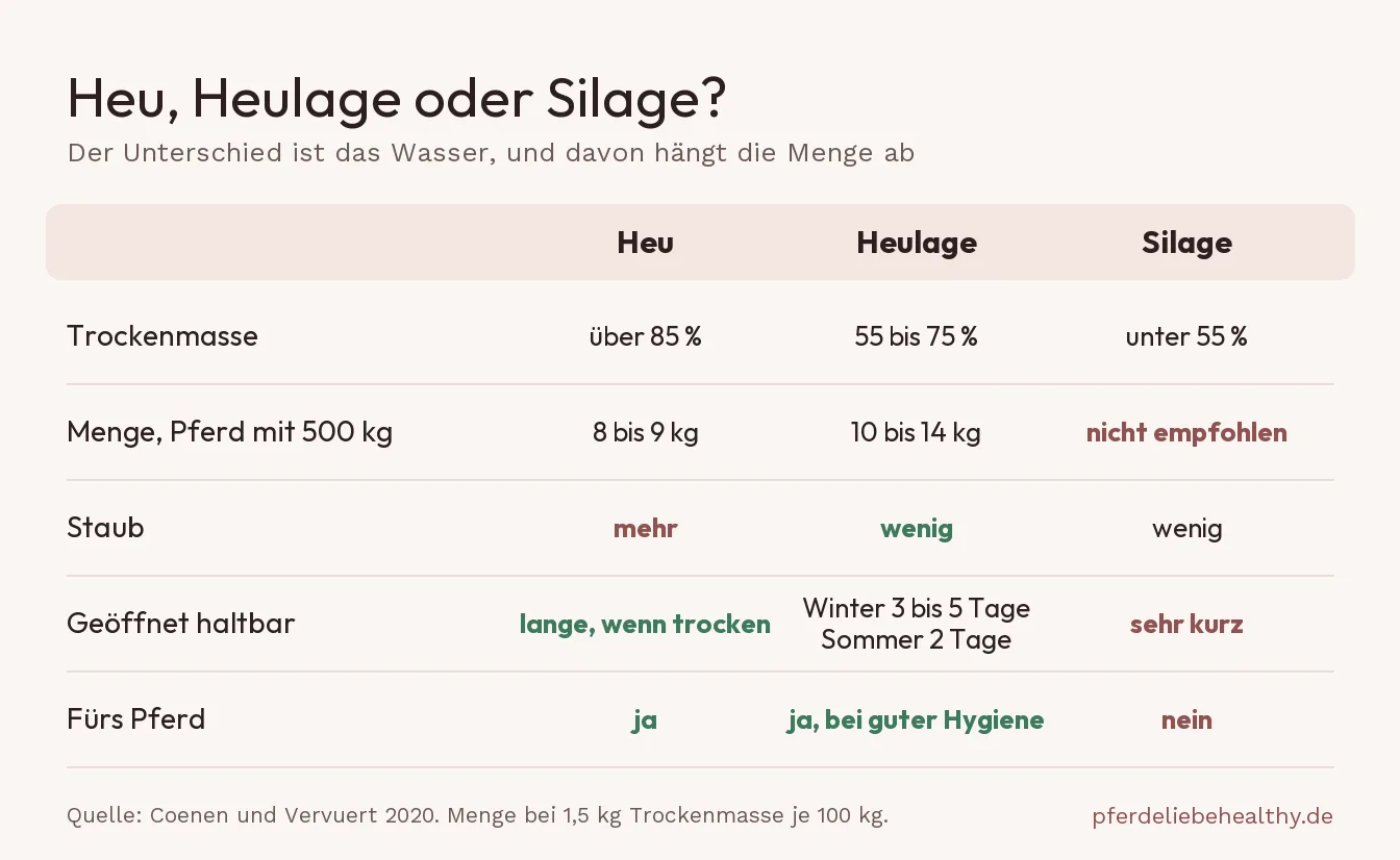 Vergleich von Heu, Heulage und Silage: Trockenmasse, Menge für ein Pferd mit 500 kg, Haltbarkeit nach dem Öffnen und Eignung für Pferde.
