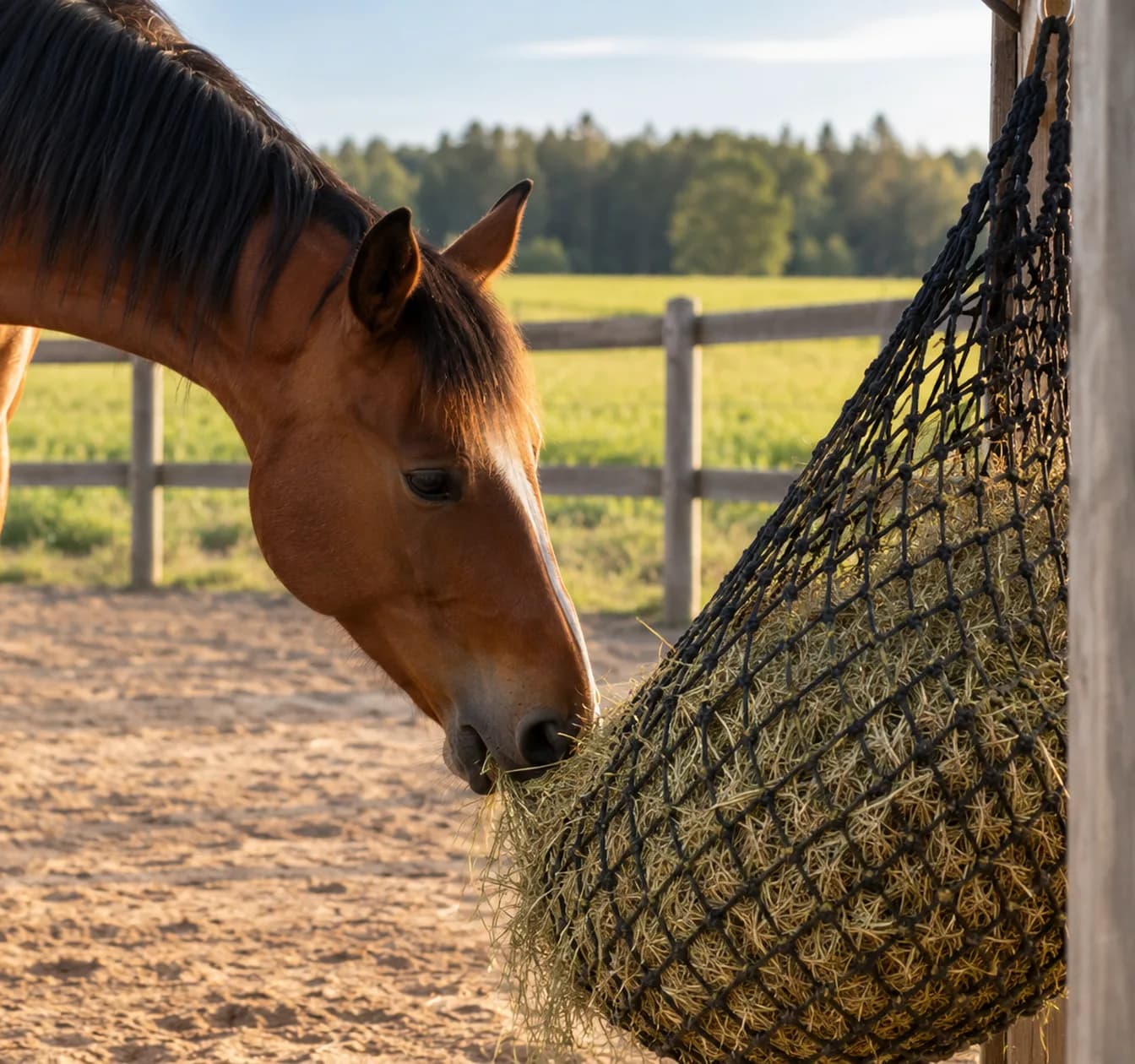 Ein Pferd frisst Heu aus einem engmaschigen Netz auf dem Sandpaddock, die Weide liegt hinter dem Zaun.