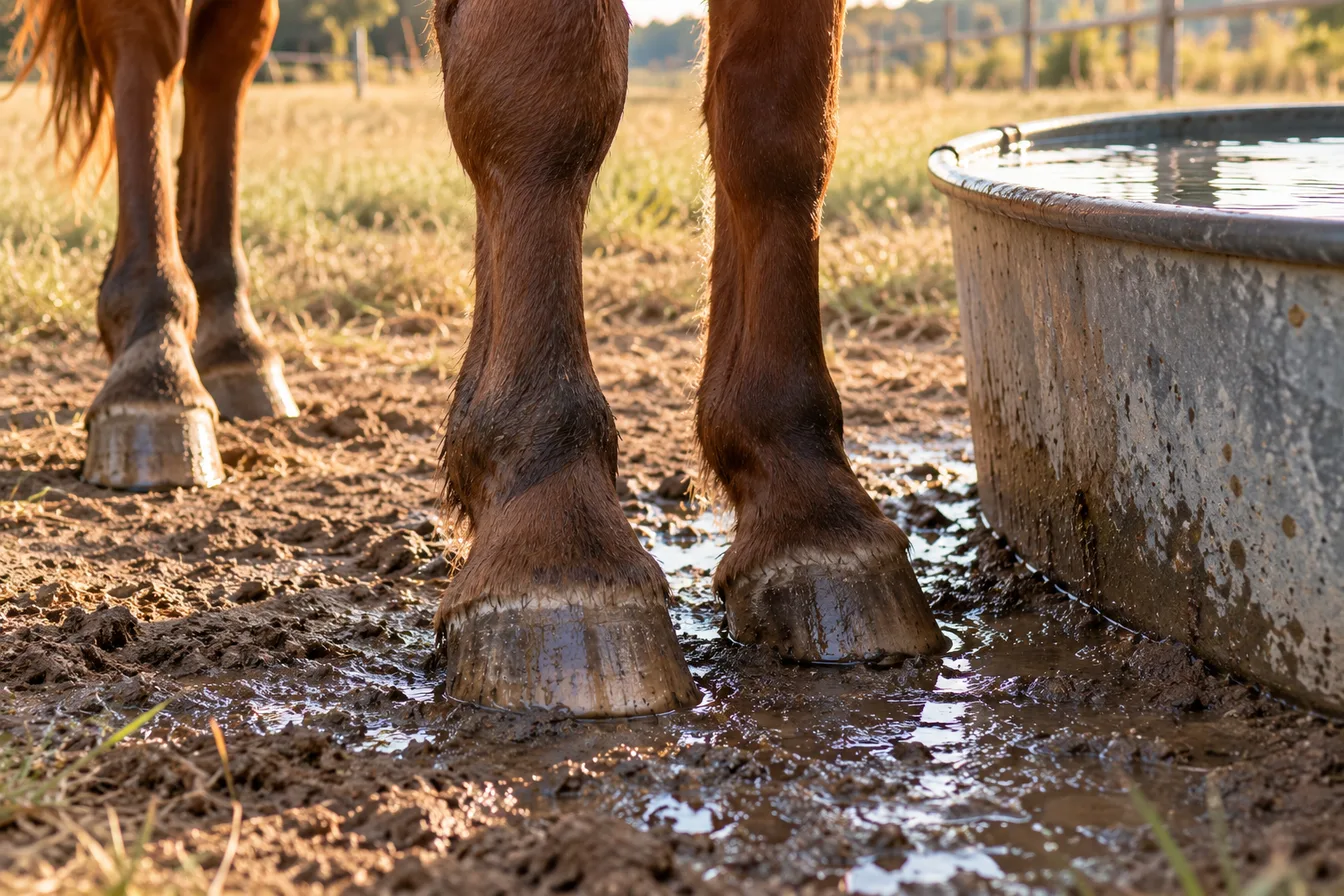 Zwei Vorderhufe im Matsch neben einem Wassertrog auf dem Paddock, der Boden rund um die Tränke ist nass
